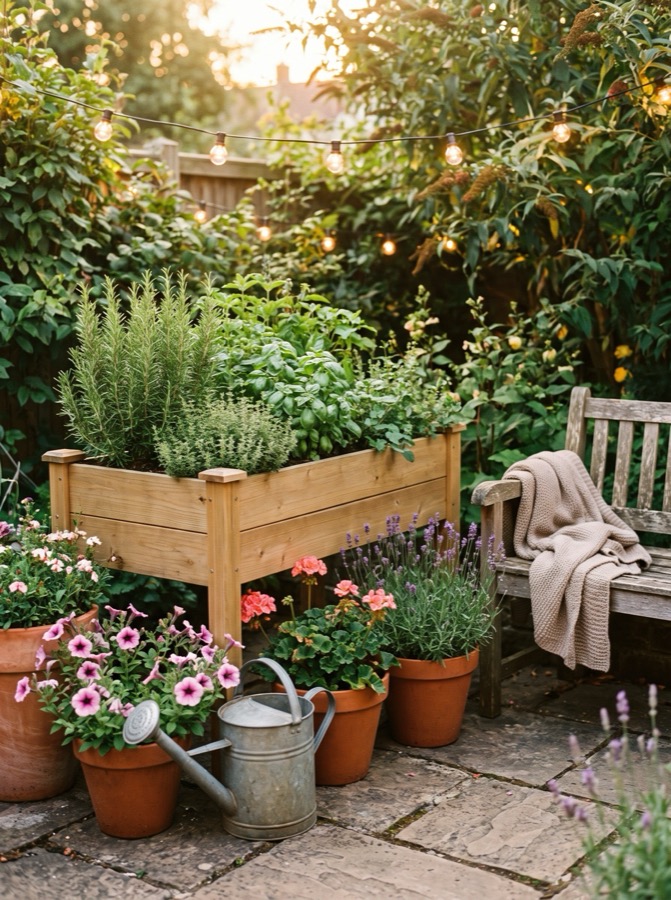 Cozy backyard garden corner with herbs and string lights