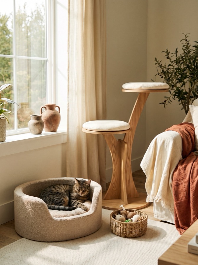 Cat sleeping in a cozy modern cat bed