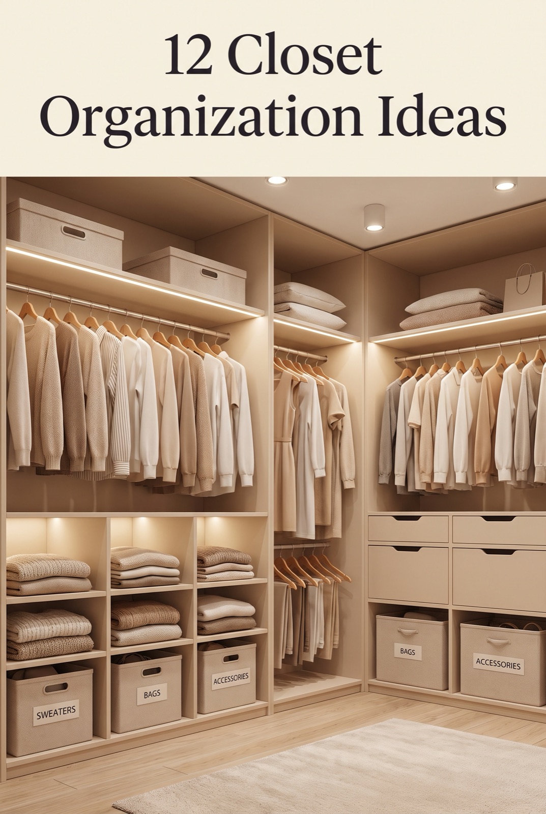 Organized closet with labeled bins and matching hangers