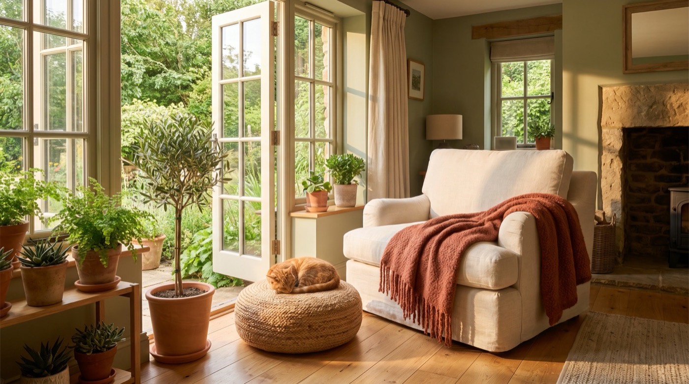 Sunlit cozy reading corner with plants and a sleeping cat