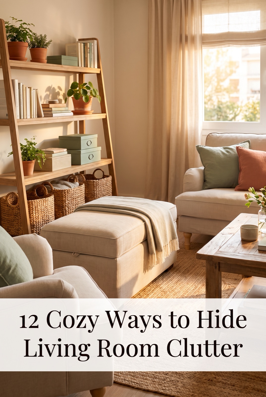 Cozy living room with storage ottoman and woven baskets