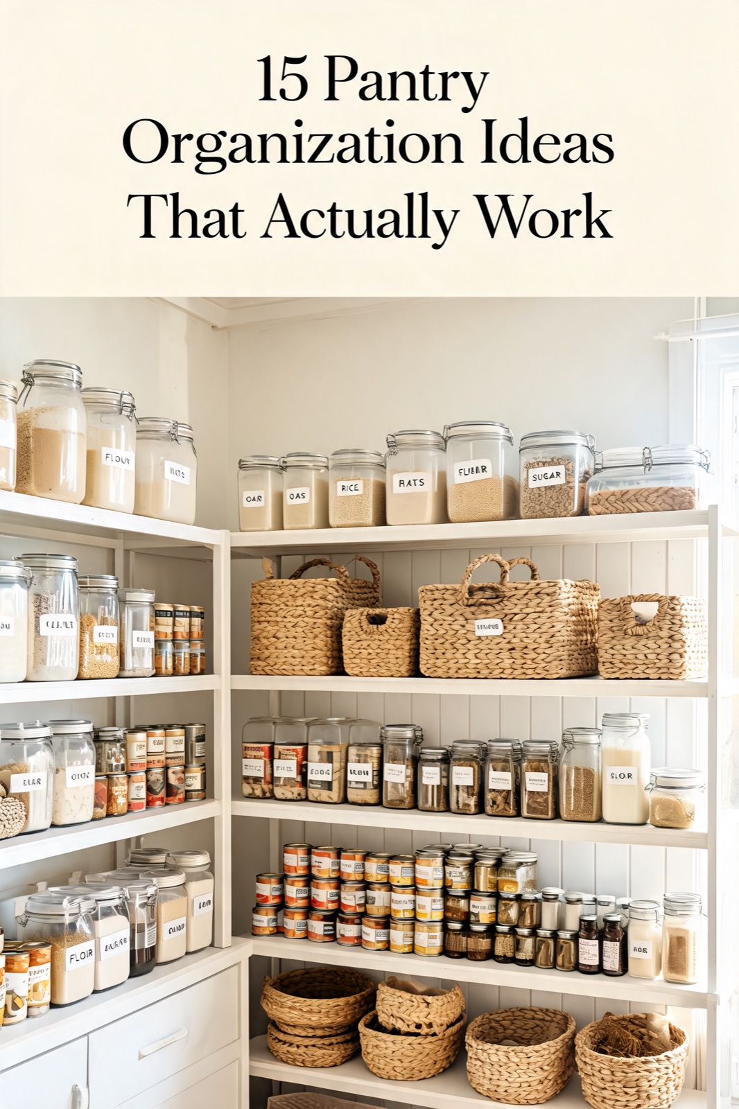 Organized pantry shelves with labeled bins and baskets