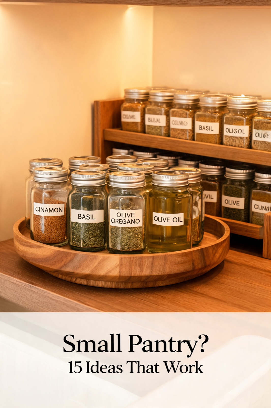 Spice jars on a wooden lazy Susan in a small pantry