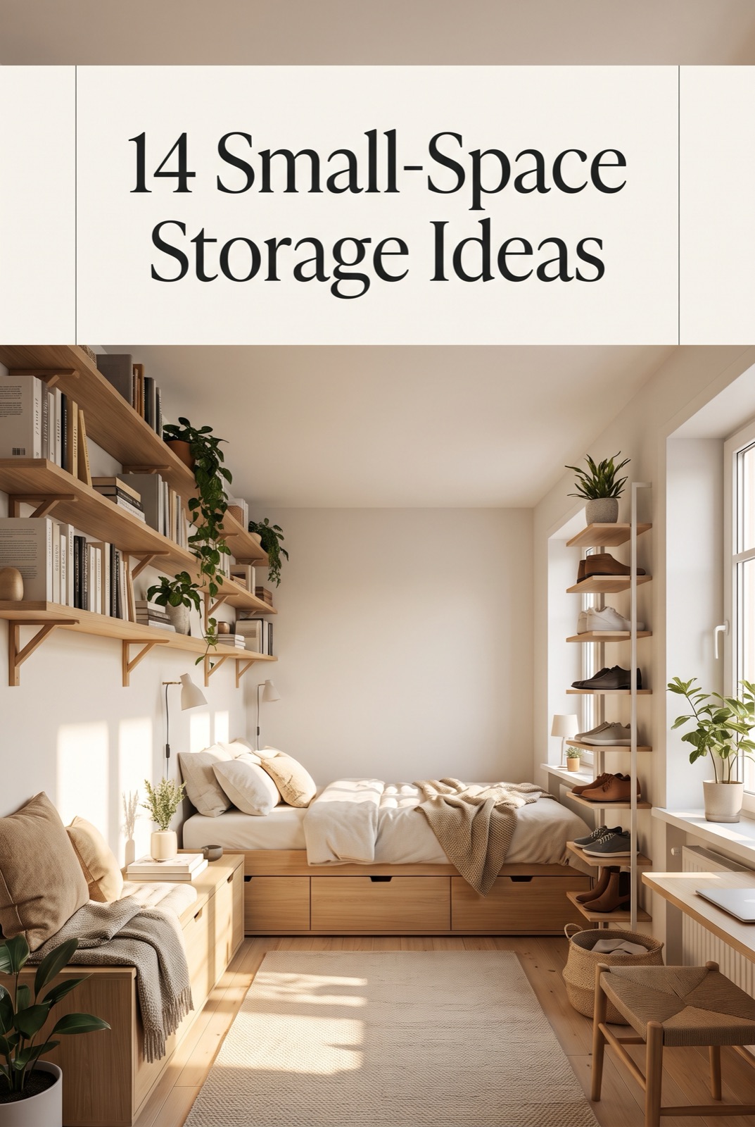 Small apartment storage with wall shelves and under-bed boxes